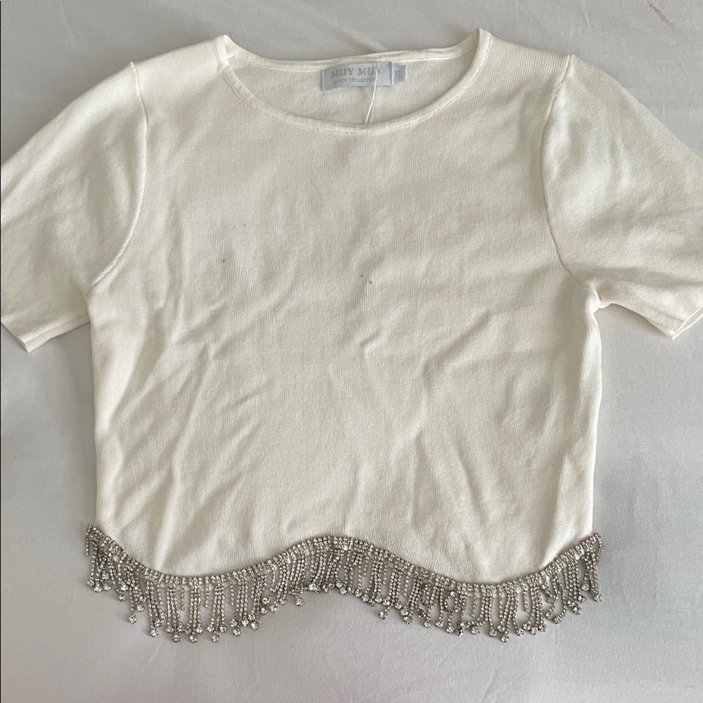 White Beaded Fringe Top White Top with Diamond | Concert / Festival Sparkle